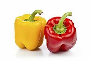 AI generated Two bell peppers, a red and a yellow isolated on white background. AI Generated. photo