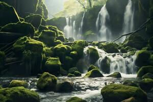 ai generado cascada paisaje con rocas cubierto en verde musgo. ai generado foto
