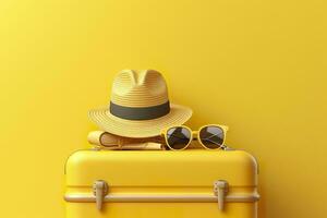 AI generated Yellow suitcase with sun glasses and hat on yellow background. travel concept. Generative AI photo