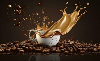 AI generated hot liquid coffee splash with Coffee Bean falling, 3d illustration. AI Generated photo