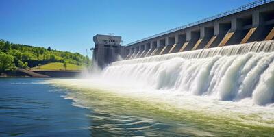 ai generado hidroeléctrico represa generando verde energía desde fluido agua. ai generado. foto