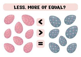 Comparison of objects for kids. More, less with cartoon Easter eggs.Math educational game for children with Easter eggs vector