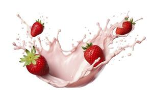 AI generated milk or yogurt splash with strawberries isolated on white background, 3d rendering. AI Generated photo