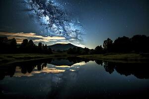 ai generado lechoso camino reflejado en lago. ai generado foto