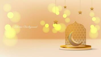 luxury islamic background with crescent, stars, podium and bokeh effect. vector illustration