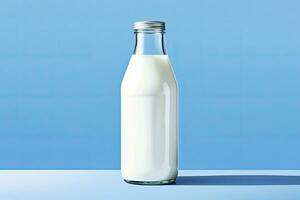 AI generated A glass bottle with full milk on blue background. AI Generated photo