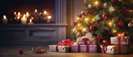 ai generado Navidad hogar habitación, regalo caja abajo árbol con luces y chimenea. ai generado foto