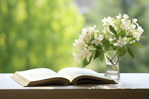 AI generated Jasmine flowers in a vase and open book on the table, green natural background. AI Generated photo