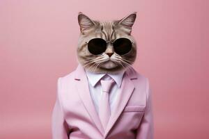 ai generado un gato es vistiendo Gafas de sol y traje en rosado antecedentes. ai generado foto