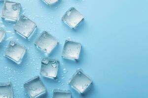 ai generado cubitos de hielo y gotas son aislado en el azul antecedentes con vacío espacio. ai generado foto