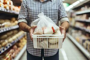 AI generated Man holding shopping basket with bread and milk groceries in supermarket. AI Generated photo