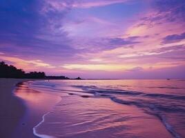 AI generated Summer beach with blue water and purple sky at the sunset.  AI Generated. photo