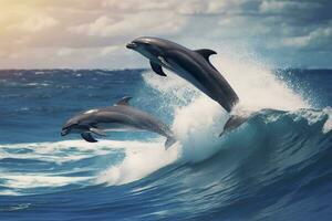 AI generated Playful dolphins jumping over breaking waves. Hawaii Pacific Ocean wildlife scenery. Generative AI photo