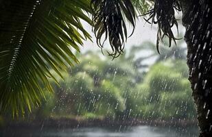 ai generado lluvia en el zona tropical durante el bajo temporada o monzón estación. gotas de lluvia en un jardín. generativo ai foto