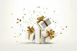 AI generated Merry New Year and Merry Christmas 2024 white gift boxes with golden bows and gold sequins confetti on white background. AI Generated photo