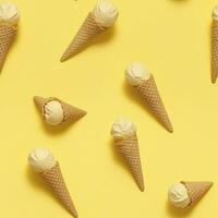 AI generated Ice Cream pattern on yellow background, top view. AI Generated photo