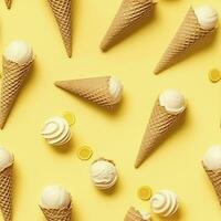 AI generated Ice Cream pattern on yellow background, top view. AI Generated photo