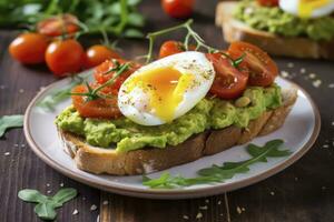 AI generated Avocado toast with eggs and roasted tomatoes. AI Generated photo