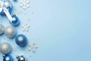 AI generated Christmas Eve concept. Top view photo of blue and silver baubles snowflake ornaments stylish present boxes and confetti. AI Generated