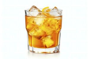 AI generated A glass of orange soda water with ice cubes on white background. AI Generated photo