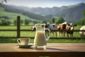 AI generated Glass pitcher with fresh milk on a wooden table. AI Generated photo