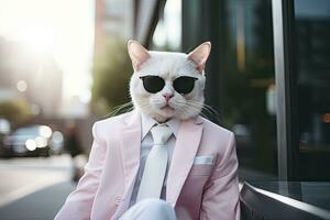 AI generated A cat is wearing sunglasses, suit and standing on street. AI Generated photo