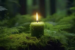 AI generated Burning candle on moss, dark green blurred the natural background. Magic candle. Generative AI photo