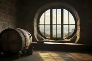 AI generated Barrel in an ancient castle beside the window. AI Generated photo