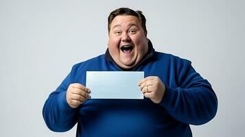 AI generated Surprised fat man holding a blank card. Portrait of a funny fat man in a blue sweatshirt with a blank sheet of paper in his hands. photo