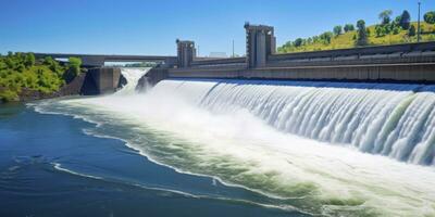 ai generado hidroeléctrico represa generando verde energía desde fluido agua. ai generado. foto