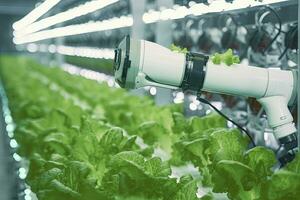 AI generated Automatic Agricultural Technology With Close-up View Of Robotic Arm Harvesting Lettuce In Vertical Hydroponic Plant. AI Generated photo