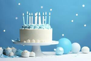 AI generated Birthday cake with candles and sweets on white table near blue wall. Generative AI photo