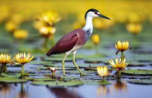 AI generated Colorful African wader with long toes next to violet water lily in water. Generative AI photo