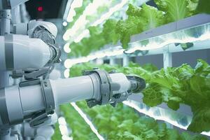 ai generado automático agrícola tecnología con de cerca ver de robótico brazo cosecha lechuga en vertical hidropónico planta. ai generado foto