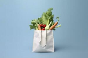 ai generado tienda de comestibles lleno bolsa. blanco compras bolso con vegetales en ligero azul antecedentes. generativo ai foto