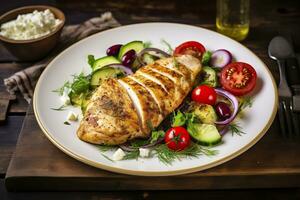 AI generated Seared chicken breast and Greek salad on a wooden table. Generative AI photo