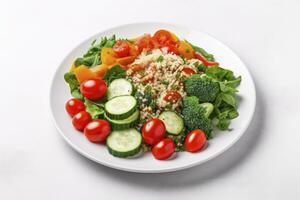 AI generated Salad with quinoa, spinach, broccoli, tomatoes, cucumbers and carrots. AI Generated photo