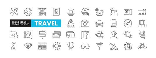 Set of 36 Travel and Vacation line icons set. Travel outline icons with editable stroke collection. Includes Passport, Camping, Airport, Hotel, Cycling, and More. vector