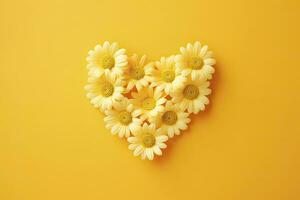 AI generated Yellow Heart Shaped By Yellow Daisies Over Yellow Background. AI Generated photo