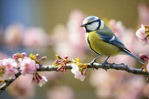 ai generado un bluetit pájaro descansando en el rama de un árbol. ai generado. foto