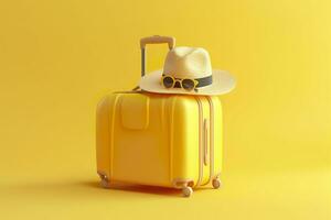 AI generated Yellow suitcase with sun glasses and hat on yellow background. travel concept. Generative AI photo