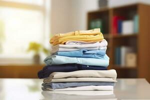 AI generated Stack of clean clothes on table in room. Generative AI photo