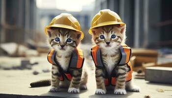 ai generado dos gatitos vistiendo difícil sombreros en un construcción sitio. generativo ai foto