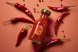 AI generated Tabasco hot pepper sauce with red chili pepper, flat lay. Generative AI photo