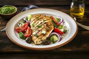AI generated Seared chicken breast and Greek salad on a wooden table. Generative AI photo