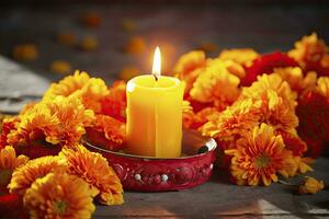 AI generated Candles and marigold flowers. Day of the dead concept dia de los muertos. AI Generated photo