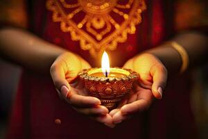 AI generated Beautiful hands holding Diwali lamps traditionally. AI Generated. photo