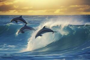 AI generated Playful dolphins jumping over breaking waves. Hawaii Pacific Ocean wildlife scenery. Generative AI photo