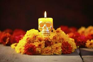 AI generated Candles and marigold flowers. Day of the dead concept dia de los muertos. AI Generated photo