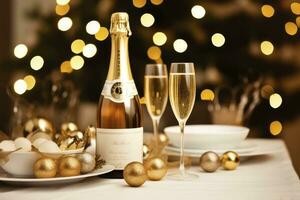 AI generated Christmas table setting with holiday decorations in gold color. AI Generated photo